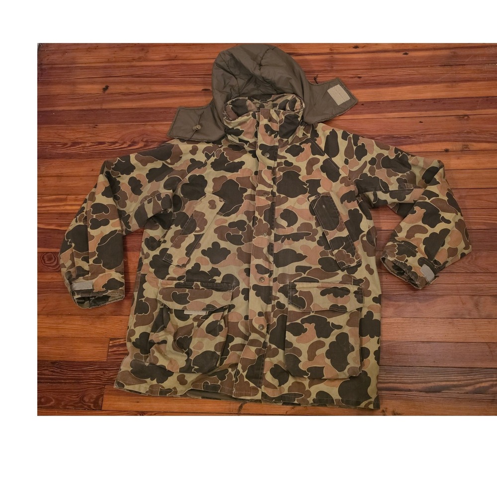 Vintage Columbia Duck Hunter Camo Parka Jacket Hood Brown Green Mens XL